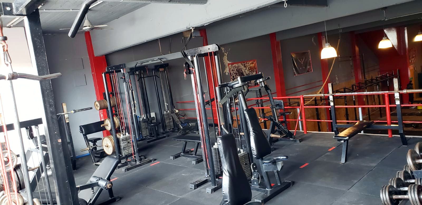 Sector de musculación con máquinas, poleas, bancos y mancuernas
